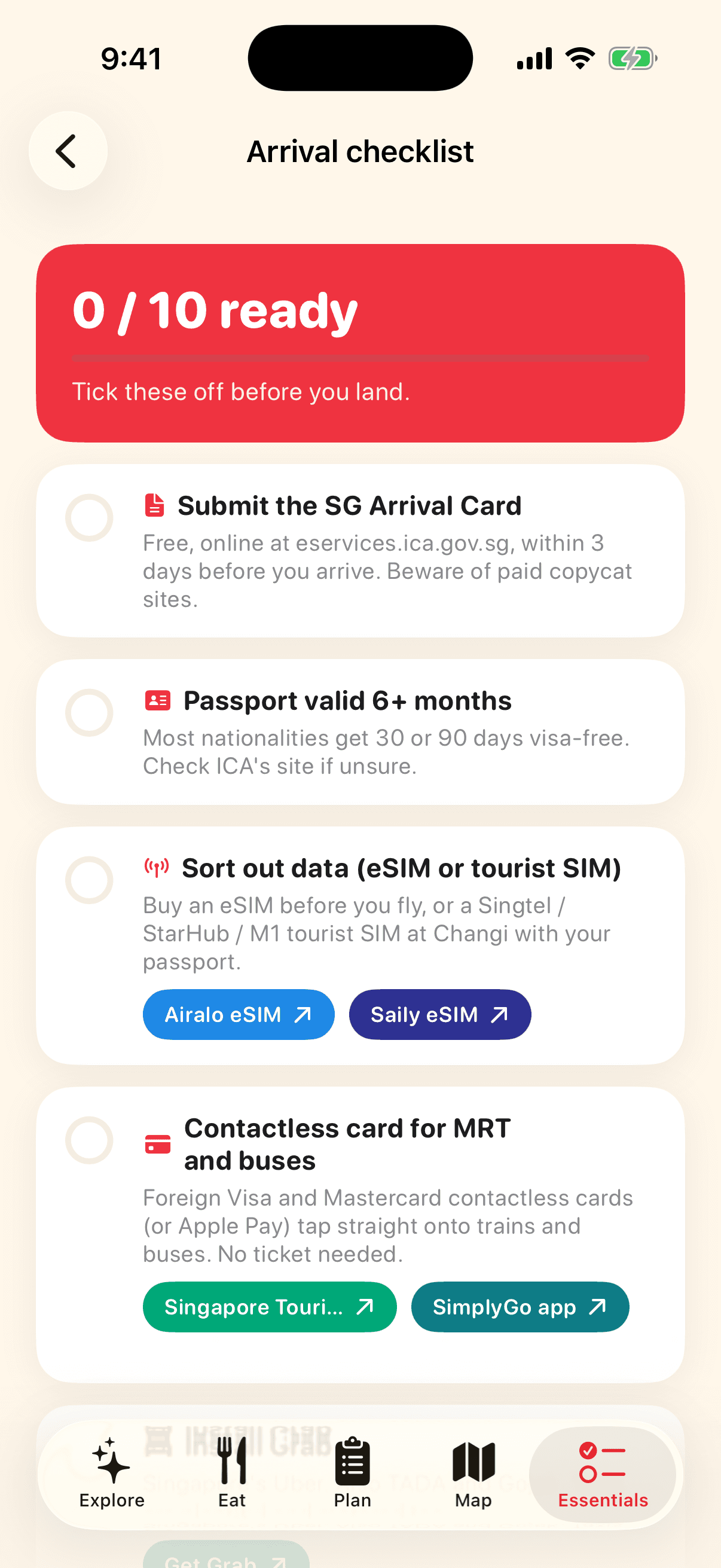 Arrival checklist screen of the Visit Singapore app