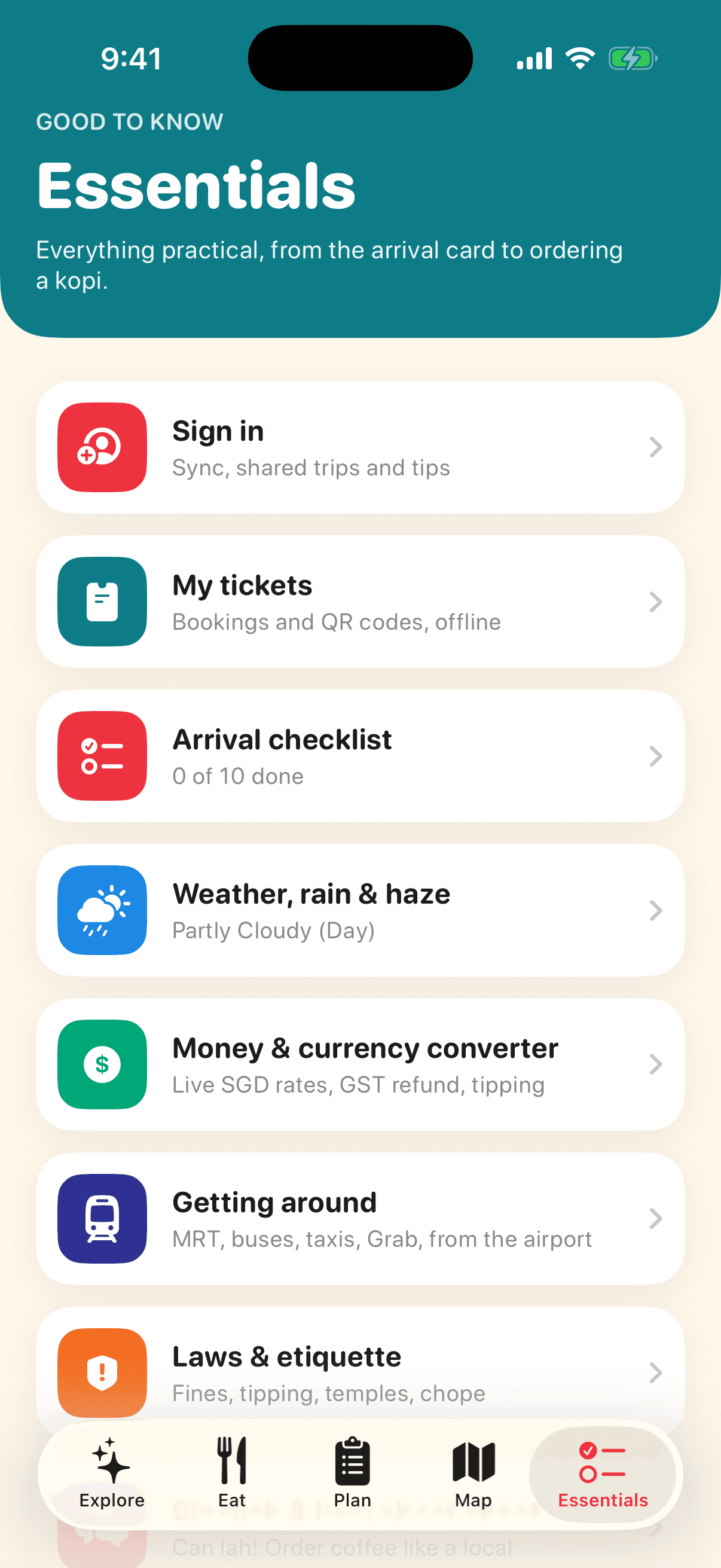 Essentials screen of the Visit Singapore app