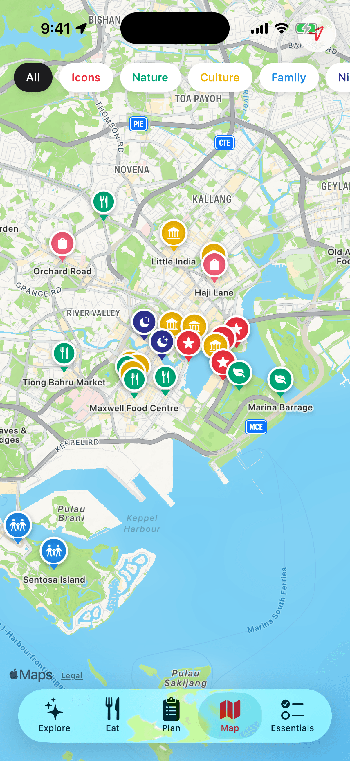 Map screen of the Visit Singapore app
