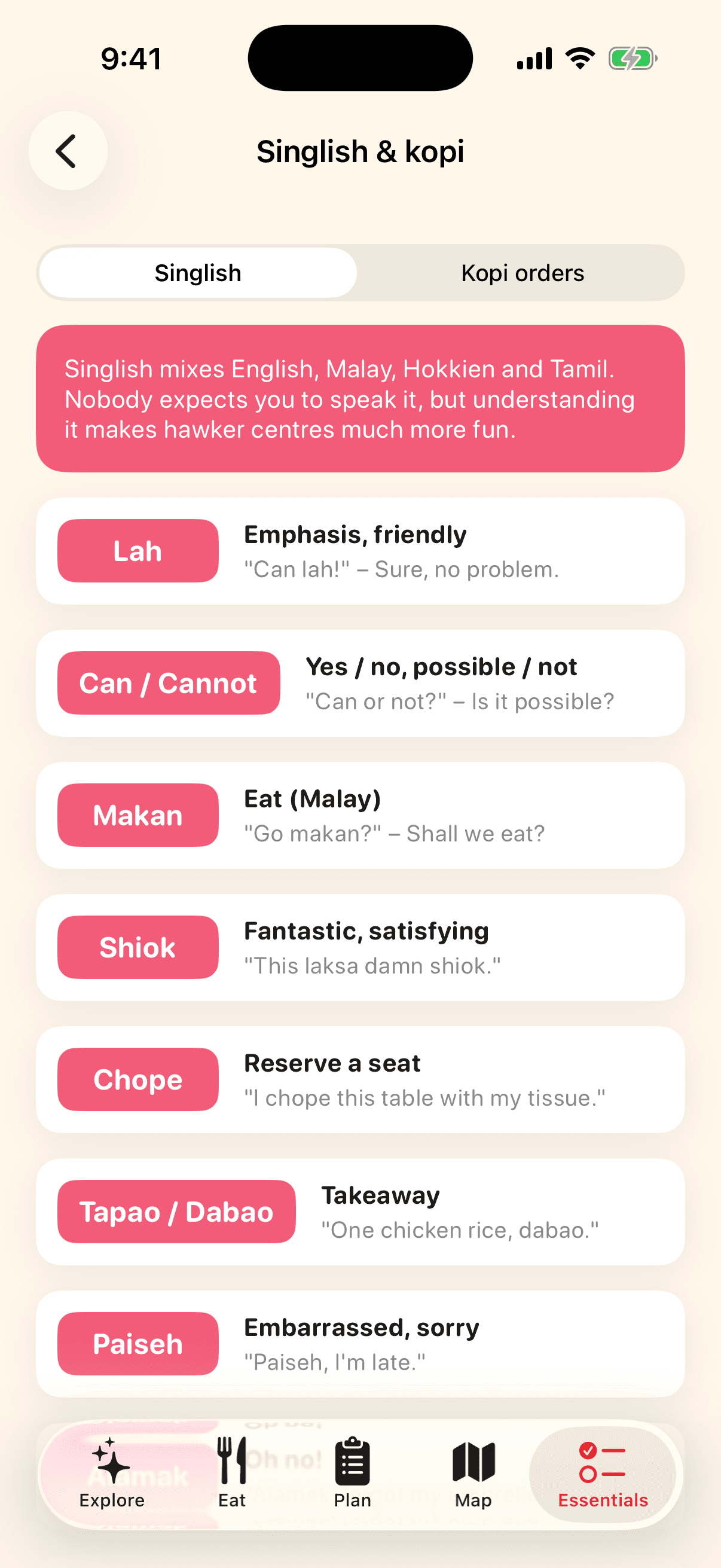 Singlish & kopi screen of the Visit Singapore app